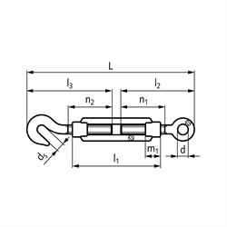 Spannschloss DIN 1480 mit Haken und Öse Gewinde M20 Material S235 galvanisch verzinkt, Technische Zeichnung