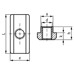 Mutter DIN 508 lang für T-Nut 14mm DIN 650 Gewinde M12 1.4571, Technische Zeichnung