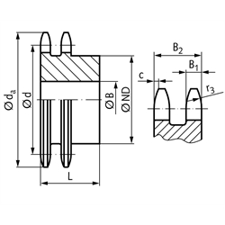 Zweifach-Kettenrad ZRG mit einseitiger Nabe 10 B-2 5/8x3/8" 16 Zähne Mat. Stahl Zähne induktiv gehärtet, Technische Zeichnung