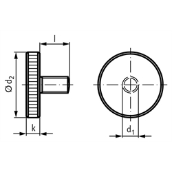 Flache Rändelschraube DIN 653 M10 x 40mm lang Stahl Festigkeit 5.8 brüniert, Technische Zeichnung