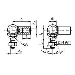 Winkelgelenk DIN 71802 Ausführung CS mit Sicherungsbügel Größe 19 Gewinde M14x1,5 rechts mit Mutter Edelstahl 1.4301 mit montierter Dichtkappe, Technische Zeichnung