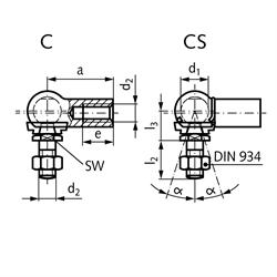 Winkelgelenk DIN 71802 Ausführung CS mit Sicherungsbügel Größe 19 Gewinde M14x1,5 links mit Mutter Stahl verzinkt mit montierter Dichtkappe, Technische Zeichnung