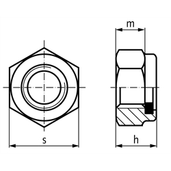 Sechskantmutter DIN 985 (ähnlich DIN EN ISO 10511) mit Klemmteil aus Polyamid M8 Stahl verzinkt Festigkeit 8, Technische Zeichnung