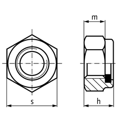 Sechskantmutter DIN 985 (ähnlich DIN EN ISO 10511) mit Klemmteil aus Polyamid M4 Stahl verzinkt Festigkeit 8, Technische Zeichnung