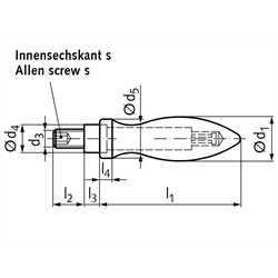 Drehbarer Ballengriff aus Stahl DIN 98 St Durchmesser 36mm Ausführung E mit Gewindezapfen M16 , Technische Zeichnung