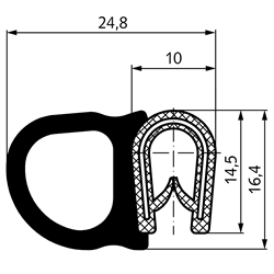 Kantenschutzprofil PVC/EPDM Klemmbereich 1,0 - 4,0 mm Gesamthöhe 16,4mm Gesamtbreite 24,8mm, Technische Zeichnung