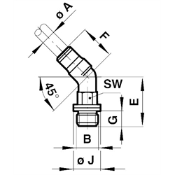 Drehbare Winkel-Einschraubverbindung 45° mit O-Ring Rohr-Außendurchmesser 6mm Gewinde G1/4A , Technische Zeichnung