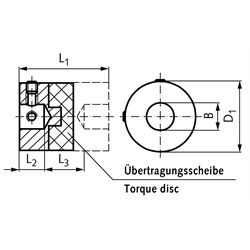 Drehstarre Kupplung HZ mit Sacklochbohrung 8mm max. Drehmoment 9,0 Nm Außendurchmesser 33,3mm , Technische Zeichnung