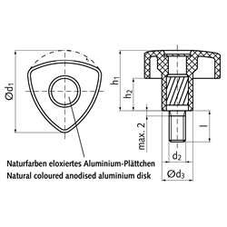 Dreikantgriffschraube aus Thermoplast d1=32mm Außengewinde M5 x 40mm lang , Technische Zeichnung