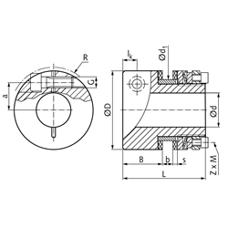 Rutschnabe FA-K Baugröße 01 Drehmoment einstellbar 5-35Nm Außendurchmesser 58mm max. Bohrung: 25mm mit Klemmnabe, Technische Zeichnung