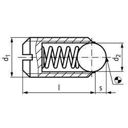Federnde Druckstücke mit Kugel und Schlitz, verstärkte Federkraft, rostfrei, Technische Zeichnung
