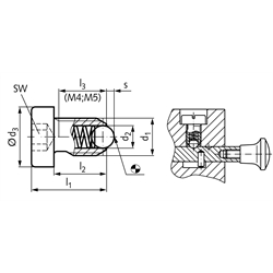 Federndes Druckstück M5 Ausführung ASN mit Kugel und Kopf mit Innensechskant verstärkt Edelstahl 1.4305, Technische Zeichnung