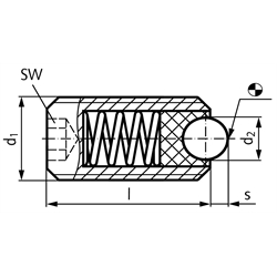 Federndes Druckstück M12 mit beweglicher Kugel und Innensechskant verstärkt Edelstahl 1.4305, Technische Zeichnung