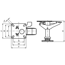 Feststellfüße, mit Federstoßdämpfer und Auflagepad, Technische Zeichnung
