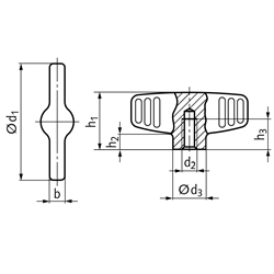 Flügelmutter aus Edelstahl d1=46mm Innengewinde M8 , Technische Zeichnung