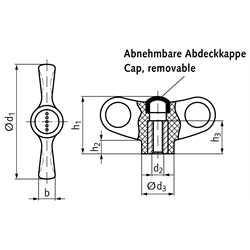 Flügelmutter aus Thermoplast d1=70mm Innengewinde M8 , Technische Zeichnung