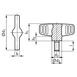 Flügelschraube aus Edelstahl d1=58mm Außengewinde M8 x 25mm , Technische Zeichnung