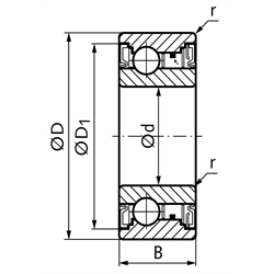 Kugellager-Freilauf BB25-2GD Innen-Ø 25mm Außen-Ø 52mm Breite 20mm mit Lippendichtungen, Technische Zeichnung