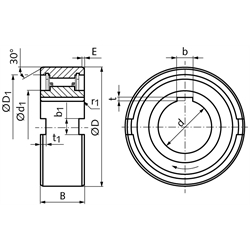 Einbau-Freilauf TFS-20 Innen-Ø 20mm Außen-Ø 52mm Breite 21mm mit Nut am Innenring und radialen Nuten am Außenring, Technische Zeichnung