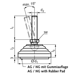 Gelenkfuss 344 Form A M14 x 98mm lang Tellerdurchmesser 60mm, Technische Zeichnung