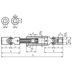 Ausziehbare Präzisionsgelenkwelle PW beidseitig Bohrung 25H7 mit Nut DIN 6885-1 Toleranz JS9 zusammengeschobene Länge 350mm max. Länge 450mm Stahl, Technische Zeichnung