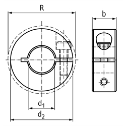 Geschlitzter Klemmring aus Aluminium eloxiert Bohrung 48mm mit Schraube DIN 912 A2-70 , Technische Zeichnung