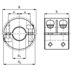 Geteilter Klemmring breit Stahl C45 brüniert Bohrung 20mm mit Schraube DIN 912 12.9, Technische Zeichnung