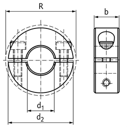 Geteilter Klemmring Aluminium Bohrung 0,313 Zoll = 7,938mm mit Schrauben DIN 912 A2-70, Technische Zeichnung