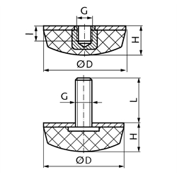 Gummi-Metall-Anschlagpuffer MGK Durchmesser 25mm Gewinde M 6 Innengewinde , Technische Zeichnung