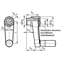 Handkurbel 569 aus Kunststoff Vierkantloch SW 14mm Länge 130mm , Technische Zeichnung