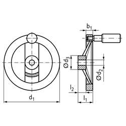 Speichen-Handrad 320 Ausführung N/G mit Griff Durchmesser 140mm mit Bohrung 14H7 und Nut, Technische Zeichnung