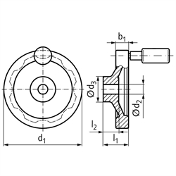 Scheiben-Handrad 326 Ausführung N/G mit Griff Durchmesser 200mm mit Bohrung 18H7 und Nut, Technische Zeichnung