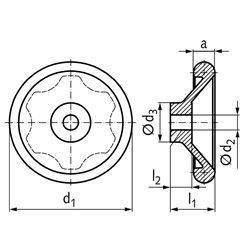 Scheibenhandrad DIN 3670 mit Griffmulden Ausführung N Durchmesser 125mm mit Bohrung 12H7 und Nut, Technische Zeichnung