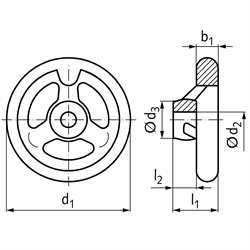 Speichen-Handrad DIN 950 aus Grauguss 3 Speichen Kranz gedreht und poliert Ausführung B/A Durchmesser 180mm , Technische Zeichnung