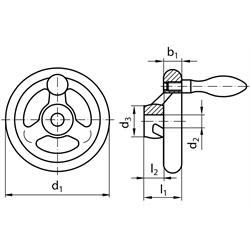 Speichen-Handrad DIN 950 Edelstahl 1.4401 Ausführung B/G mit Griff Durchmesser 100mm, Technische Zeichnung