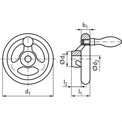 Speichen-Handrad DIN 950 aus Grauguss 3 Speichen Kranz gedreht und poliert Ausführung N/G Durchmesser 80mm mit Bohrung 10H7 und Nut mit Gewindeauge für Ballengriff, Technische Zeichnung