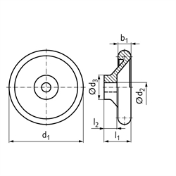 Scheiben-Handrad ähnlich DIN 950 aus Aluminium Durchmesser 80mm , Technische Zeichnung