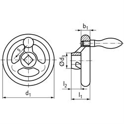 Speichen-Handrad DIN 950 aus Grauguss 5 Speichen Kranz gedreht und poliert Ausführung V/G Durchmesser 315mm Vierkant 27mm mit Gewindeauge für Ballengriff , Technische Zeichnung