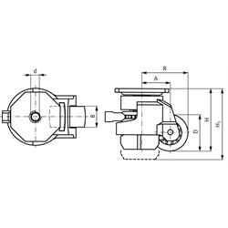 Heberolle mit Rückenloch Ratschenverstellung Lenkrolle Rad-Ø 75, Technische Zeichnung