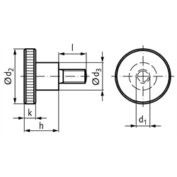 Hohe Rändelschraube DIN 464 M5 x 20mm lang Edelstahl 1.4305 , Technische Zeichnung