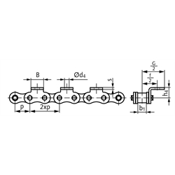 Winkellaschen-Rollenkette 06 B-1-K1, 2xp mit einseitigen schmalen Winkellaschen mit 1 Befestigungsbohrung am Aussenglied im Abstand 2xp , Technische Zeichnung