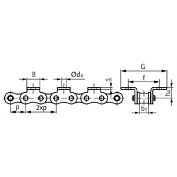 Winkellaschen-Rollenkette 06 B-1-K1, 2xp mit beidseitigen schmalen Winkellaschen mit 1 Befestigungsbohrung am Aussenglied im Abstand 2xp , Technische Zeichnung