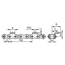 Winkellaschen-Rollenkette 06 B-1-K1, 4xp mit einseitigen schmalen Winkellaschen mit 1 Befestigungsbohrung am Aussenglied im Abstand 4xp , Technische Zeichnung