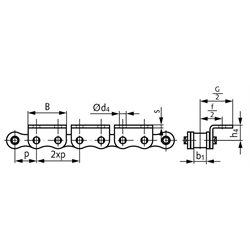 Rostfreie Winkellaschen-Rollenkette 06 B-1-K2, 2xp mit einseitigen breiten Winkellaschen mit 2 Befestigungsbohrungen am Aussenglied im Abstand 2xp Edelstahl 1.4301, Technische Zeichnung