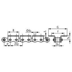 Rostfreie Winkellaschen-Rollenkette 10 B-1-K2, 2xp mit beidseitigen breiten Winkellaschen mit 2 Befestigungsbohrungen am Aussenglied im Abstand 2xp Edelstahl 1.4301, Technische Zeichnung