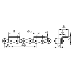 Winkellaschen-Rollenkette 10 B-1-K2, 4xp mit einseitigen breiten Winkellaschen mit 2 Befestigungsbohrungen am Aussenglied im Abstand 4xp , Technische Zeichnung