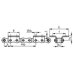 Winkellaschen-Rollenkette 06 B-1-K2, 4xp mit beidseitigen breiten Winkellaschen mit 2 Befestigungsbohrungen am Aussenglied im Abstand 4xp , Technische Zeichnung