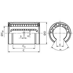 Offene Linearkugellager KB-3-ST-O ISO-Reihe 3 beidseitig abgedichtet für Wellen-Ø 16mm, Technische Zeichnung