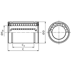 Linearkugellager KB-3-STS ISO-Reihe 3 Kugelkäfig aus Stahl beidseitig abgedichtet für Wellen-Ø 25mm, Technische Zeichnung