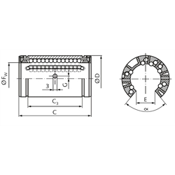 Linearkugellager KB-3 ISO-Reihe 3 Easy-Line mit beids. Dichtung für Wellen-Ø 40mm offene Ausführung, Technische Zeichnung